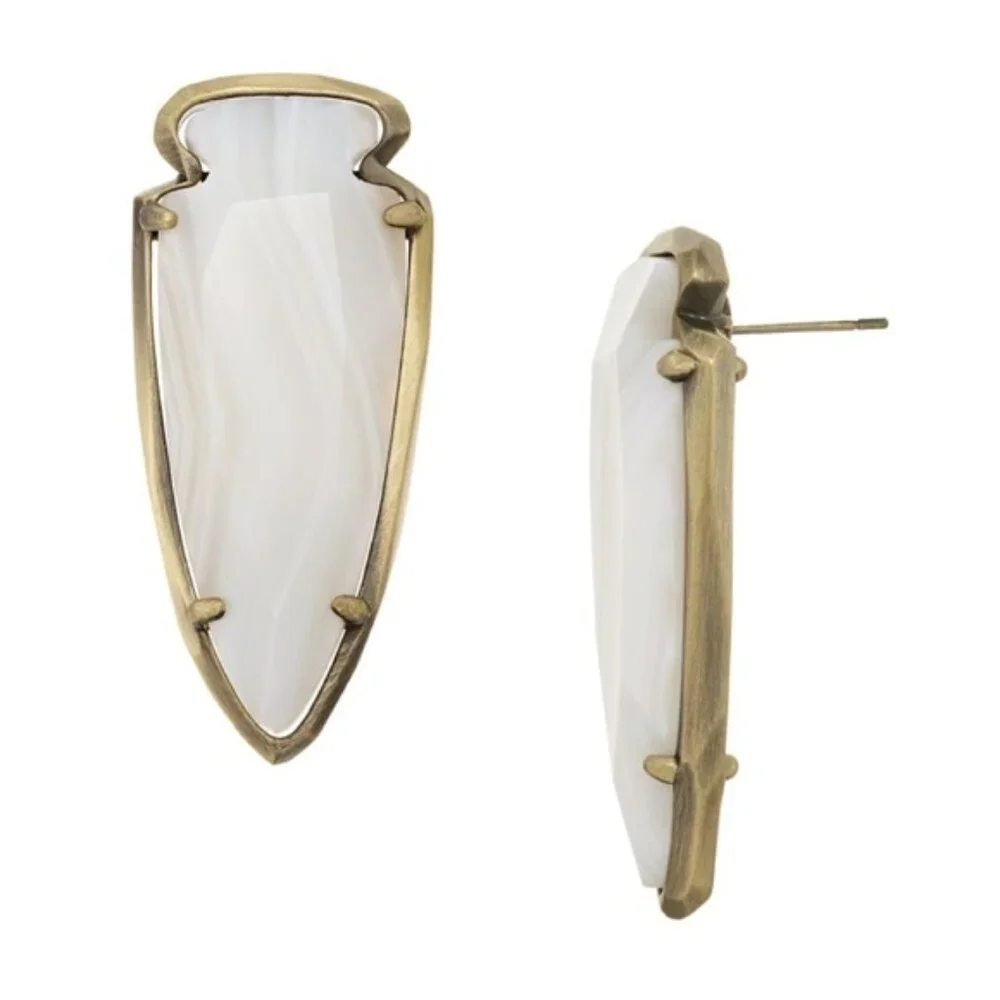 NWT [Kendra Scott] Kathryn Large Stud Geometric Earrings in White Banded Agate - Picture 4 of 11